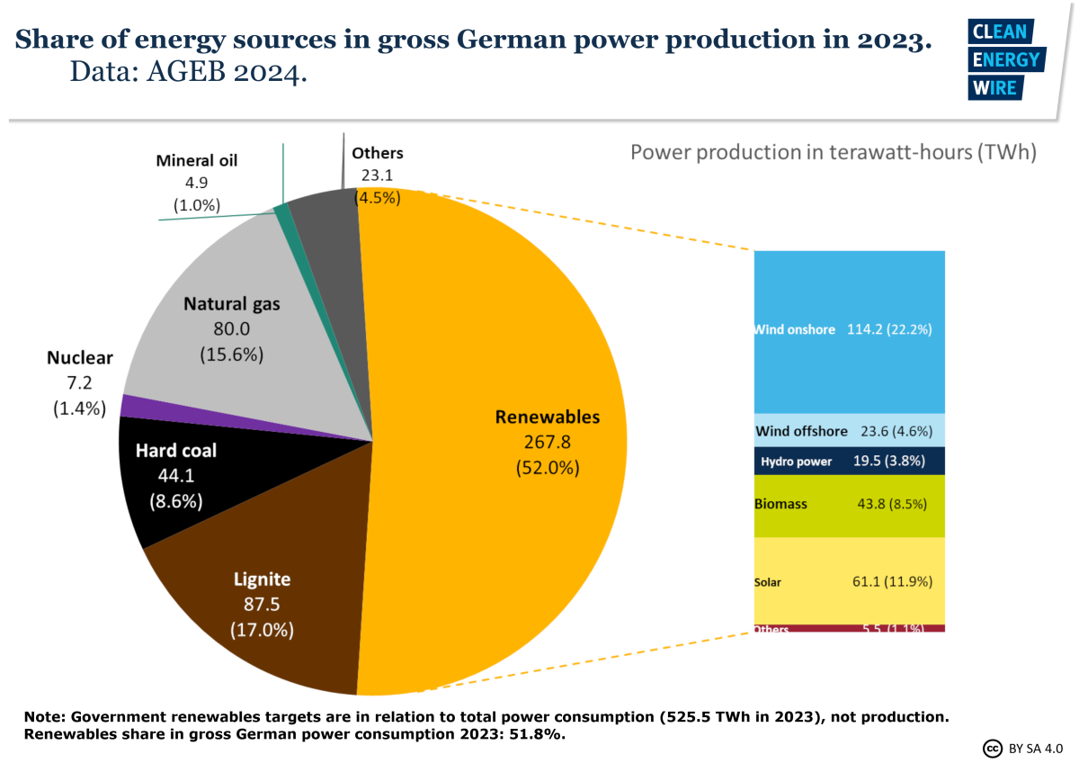 Graph shows share of energy sources in gross German power production in 2023. Graph: CLEW 2024.